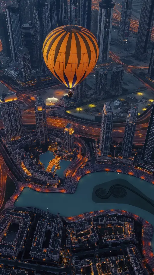 Hot air balloon over Dubai city skyline at night with illuminated roads and lake.